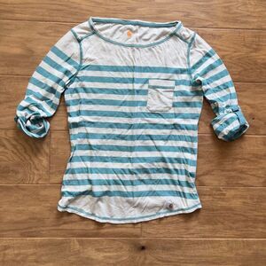 Carhartt Cheyenne Shirt Women's Size S Heather Tan/Teal Stripe 3/4 Sleeve